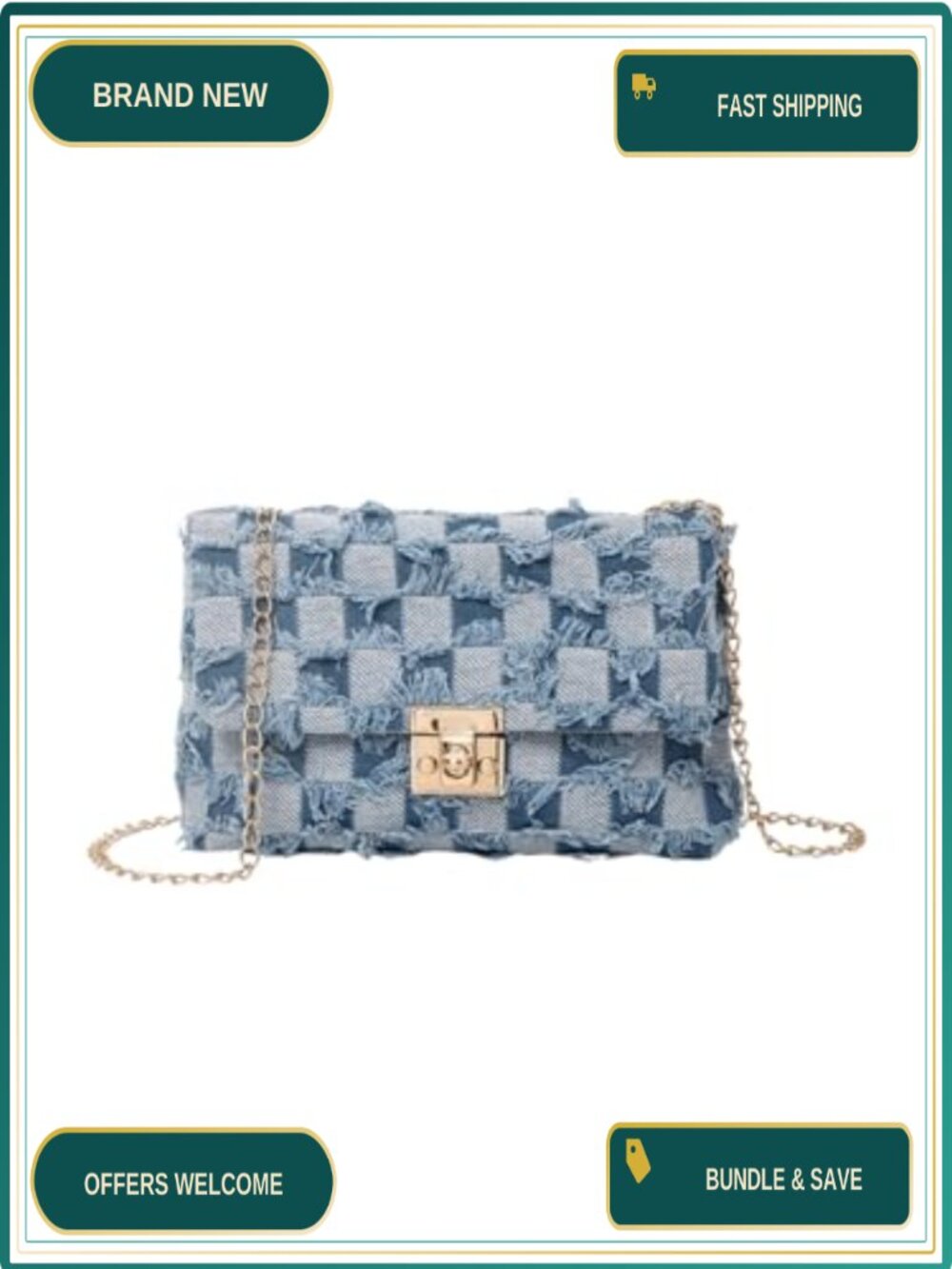 Distressed Denim Crossbody Bag Twist Lock Quilted Mini Handbag with Chain Strap
